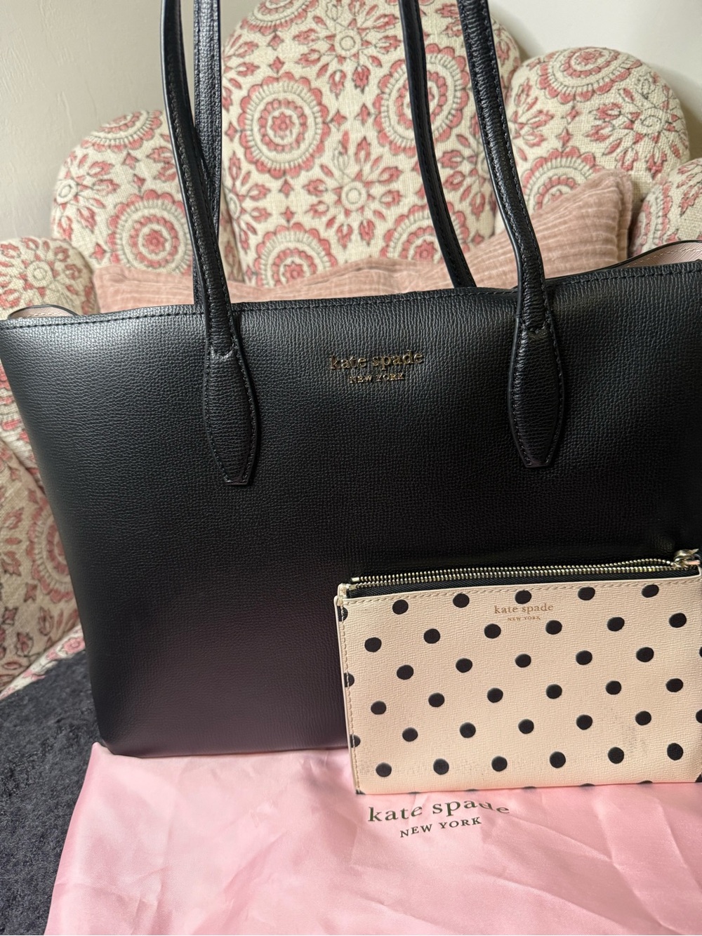 kate spade Black Leather Tote with Cream Polka Dot Wristlet